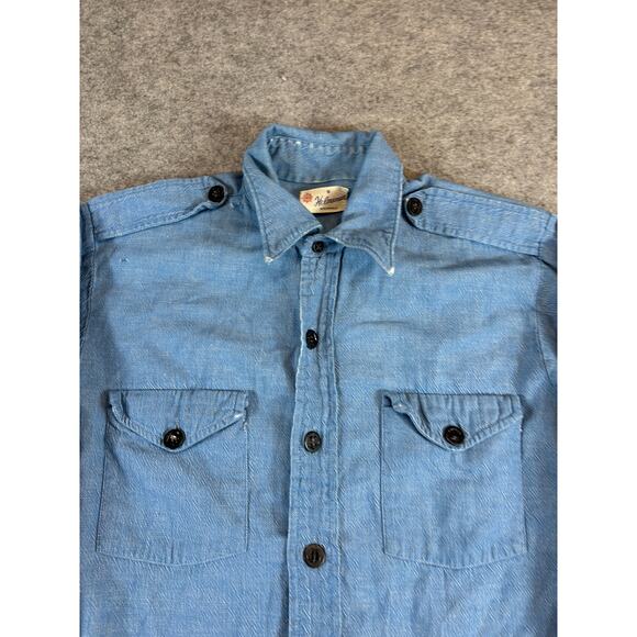 VINTAGE Helmsman Button Up Shirt Men Small Blue Chambray Workwear Minimalist 70s - Picture 5 of 7